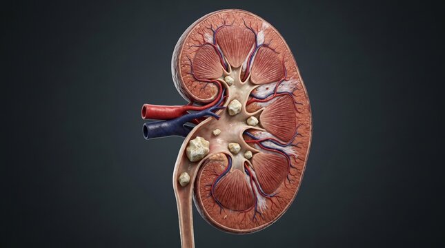 3D cross-section medical illustration of a human kidney with kidney stones.
