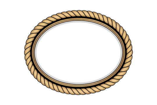 An oval frame with a decorative rope texture border in shades of brown and gold isolated on a solid black background, for framing