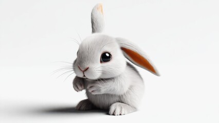 Obraz premium A small white bunny shyly covering its face with paws, showcasing a timid expression on a clean, bright background.