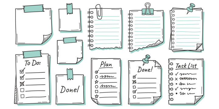 Hand drawn to do list and checklist notes set with plan list papers taped on wall, sketch style productivity reminder vector illustration