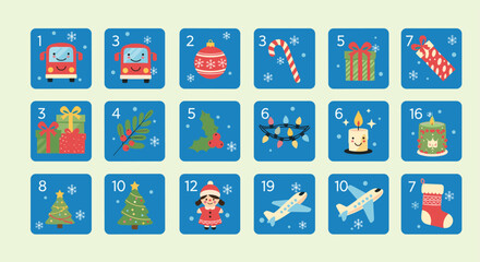 Obraz premium Advent calendar featuring various festive Christmas icons like a bus, gift, candy cane, candle, and tree in blue numbered squares.