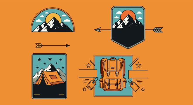 Collection of four outdoor adventure logos featuring mountain peaks, camping tents, backpacks, and hiking gear on an orange background.