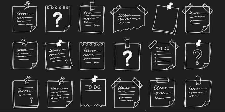 Hand drawn to do list and checklist notes set with plan list papers taped on wall, sketch style productivity reminder vector illustration