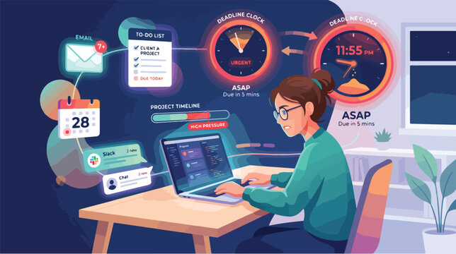 A focused young woman practices time blocking while working on her laptop in a home office with a productive mood and colorful schedule graphics
