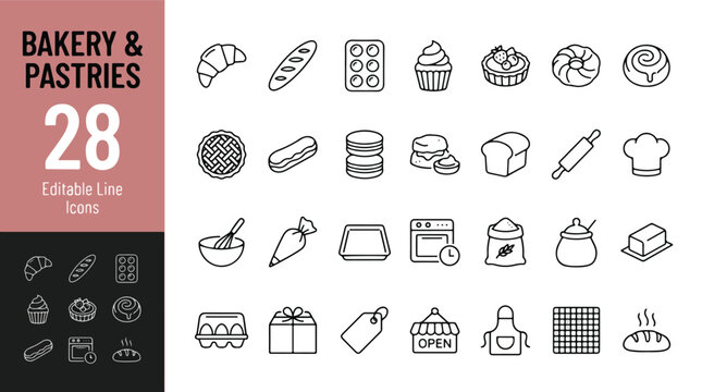 Bakery & Pastries line icon set. Croissant, baguette, cupcake, donut, macarons, chef hat minimal vector illustration. Simple outline signs for bread baking shop and pastry cafe. Editable Stroke.