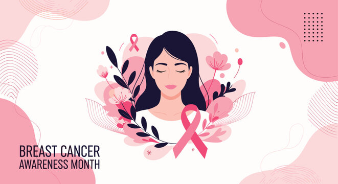Breast cancer awareness month concept featuring serene woman surrounded by floral elements and symbolic pink ribbons on a soft background.