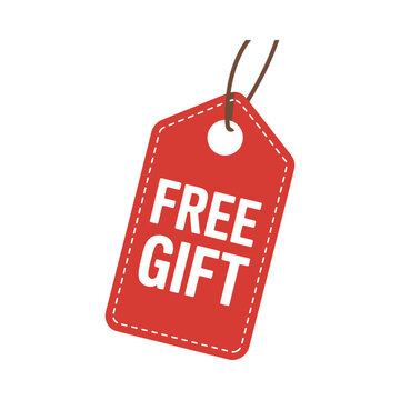 Red free gift tag hanging with strings isolated on white background