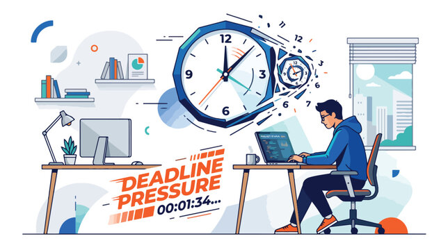 A young adult man working on a laptop at a desk with a clock and deadline pressure sign in a modern office setting while time blocking