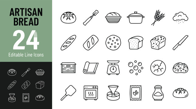 Artisan bread line icon set. Sourdough, baguette, loaf, flour, oven, wheat, bread lame, banneton basket, scale, salt, mill, proofing minimal vector illustration. Simple outline signs for baking. Edita