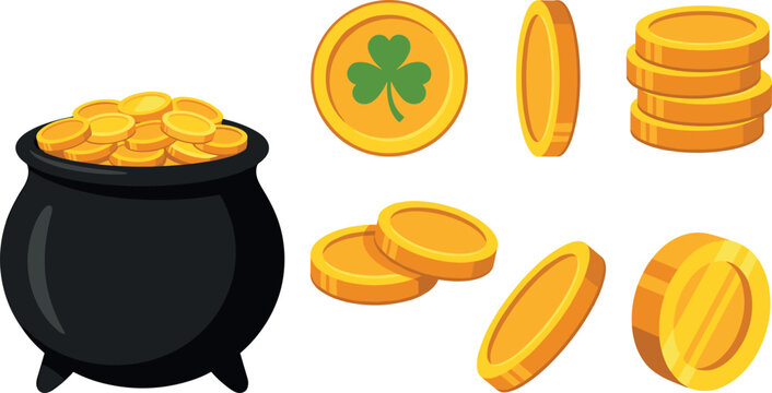 Saint Patrick Day Pot of Gold Vector Set with Black Cauldron Shiny Golden Coins Shamrock Clover Icon Coin Stack and Angled Money Elements