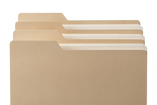 A stack of four light brown manila file folders arranged in a row, isolated on a white background, for office and, business document organization