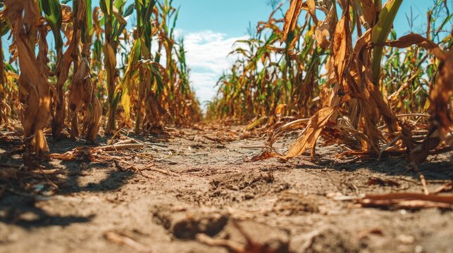 Drought affected corn field with dry soil, wilted maize plants, agricultural stress, crop damage and arid farmland conditions highlighting climate change and water shortage