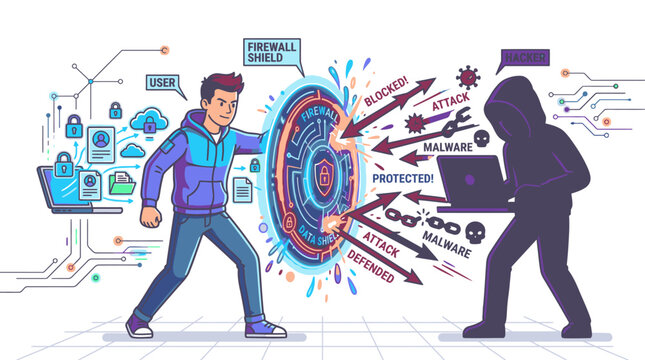 A cartoon man defends against cyber threats with a shield as a silhouette hacker attacks with a laptop, surrounded by digital icons and arrows on a white background with a futuristic feel.