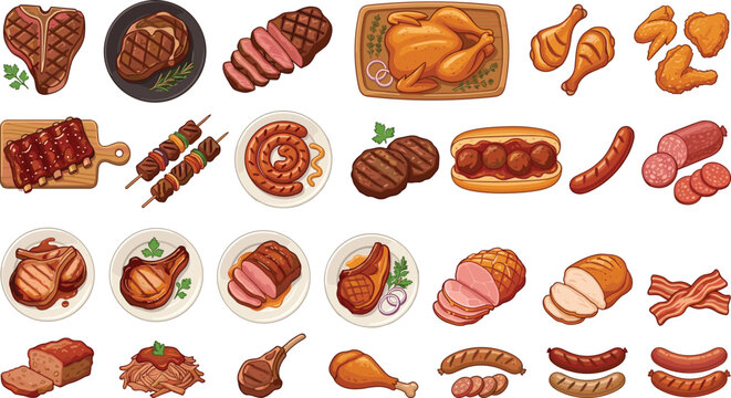 Delicious Grilled Meat Vector Collection with Beef Steak, BBQ Ribs, Roasted Chicken, Sausages, and Pork Chops for Restaurant Menus and Butcher Shop Designs