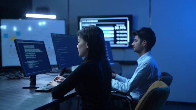 Coding team, Professional IT specialist and programmer working on software development, Male developer talking with female colleague about computer code, Modern and technology collaboration concept