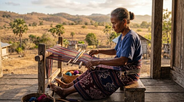 Indonesian NTT Elderly Woman Weaving Traditional Ikat Cloth on Wooden
