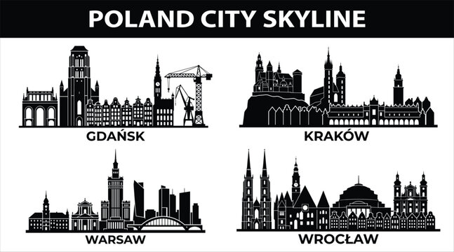 Poland city skyline vector illustrations of Gdansk, Krakow, Warsaw, Wroclaw