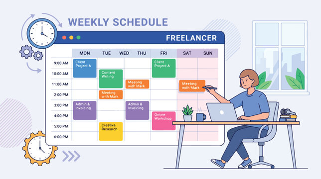Freelancer using time blocking on a weekly schedule with a laptop at a desk in a modern home office with a cinematic lighting effect and a calm productive mood