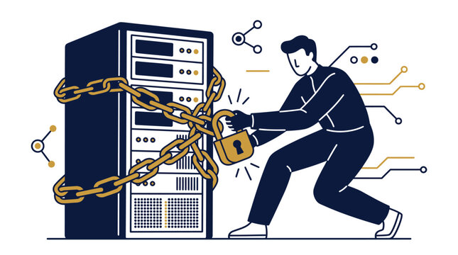 Man Securing Server Rack With Large Metal Chains And Padlock