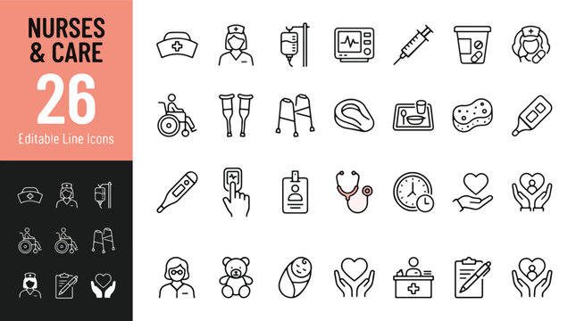 Nursing and patient care line icon set. Medical hospital, stethoscope, medicine, syringe, wheelchair, walker, baby, thermometer, pulse oximeter minimal vector illustration. Simple outline signs. Edita