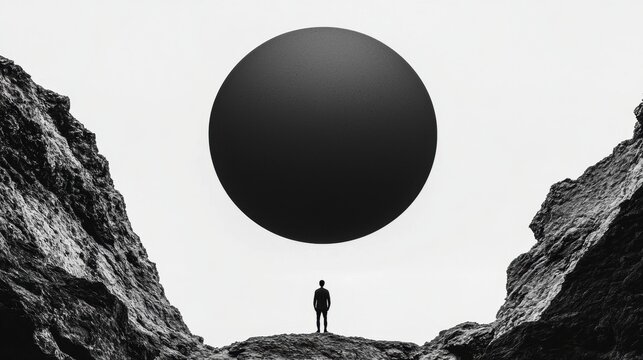 A man stands on a rock, gazing up at a large black sphere hovering above him.