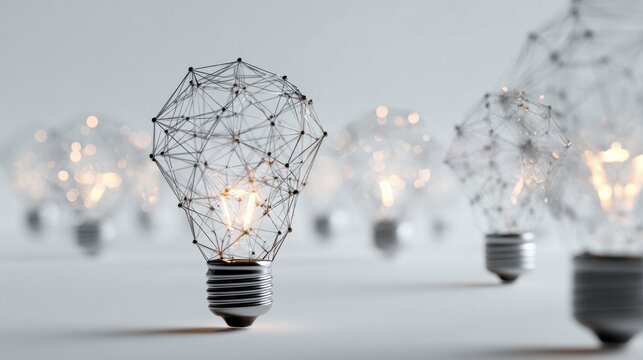 A unique lightbulb illuminated with intricate network connections, symbolizing innovation and bright ideas. The surrounding bulbs are out of focus, emphasizing the standout concept