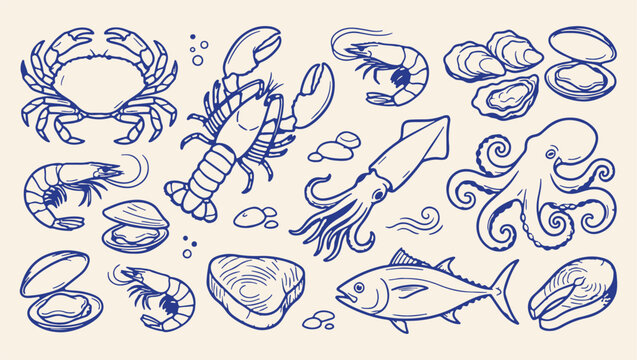 seafood marine life harvest pattern, ocean crustacean shellfish food illustration, fresh fish squid prawn background, gourmet sea creature culinary print, delicious aquatic dining concept art, profess