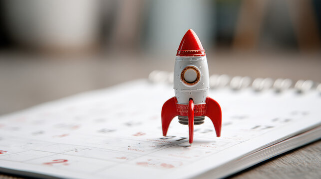 A toy rocket stands on a calendar, symbolizing a new project launch or an upcoming event
