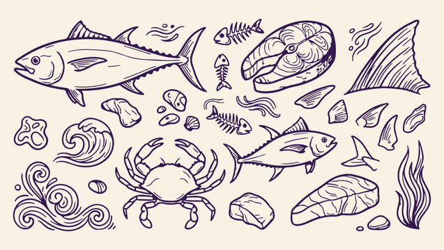 tuna salmon fish seafood pattern, fresh raw fish meat background, oceanic seafood culinary food illustration, healthy salmon tuna fillet print, delicious fish dining concept art, raw seafood menu grap