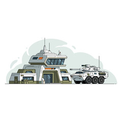 Fototapeta premium Futuristic Military Outpost with Armored Vehicle Illustration