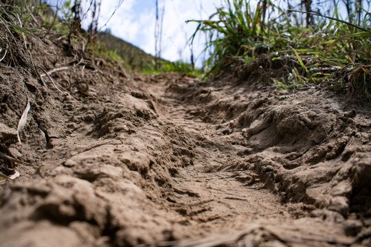 Muddy tire tracks impressed into a rural dirt trail on a sunny hillside in a sharp focus low-angle shot for off-road adventure marketing