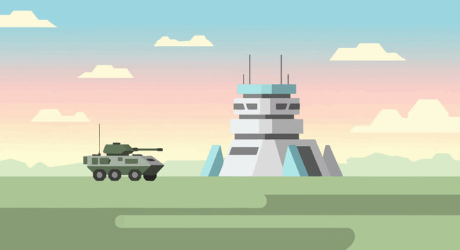 Geometric illustration of a military base with a tank and operations tower.