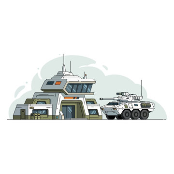 Futuristic Military Outpost with Armored Vehicle Illustration