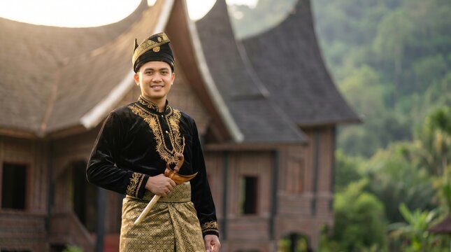Minang Man Wearing Gold Songket Fabric and Ceremonial Kris West