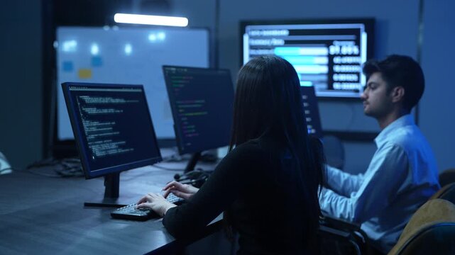 Coding team, Professional IT specialist and programmer working on software development, Male developer talking with female colleague about computer code, Modern and technology collaboration concept