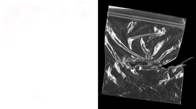 Transparent plastic ziplock bag with wrinkles, clear polyethylene pouch on black background, empty synthetic storage bag for packaging design