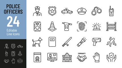 Police officer line icon set. Law enforcement, badge, patrol car, handcuffs, radio, fingerprint, siren, baton, crime scene, k9 dog minimal vector illustration. Simple outline signs for security and ju © Jason