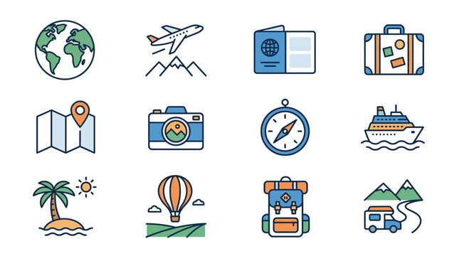 Travel icons representing adventure and exploration activities