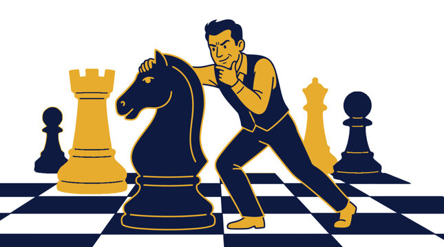 Businessman Thinking and Pushing Large Knight Chess Piece