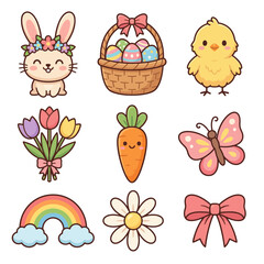 Fototapeta premium Easter bunny chick basket eggs flowers.