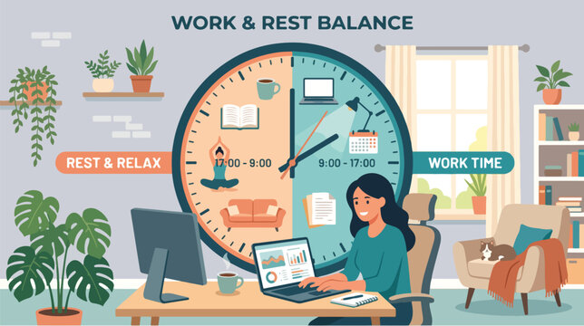 A woman practices time blocking at her desk with a laptop and monitor in a cozy home office with a large clock and plants