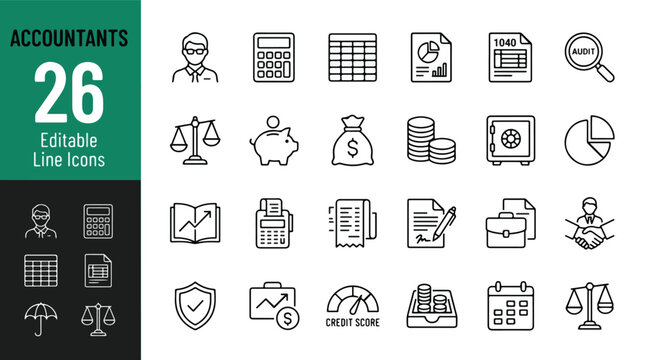 Accountant and finance line icon set. Bookkeeping, tax audit, budget planning, piggy bank, investment, calculator, 1040 tax form, balance scale, profit growth minimal vector signs. Editable stroke.