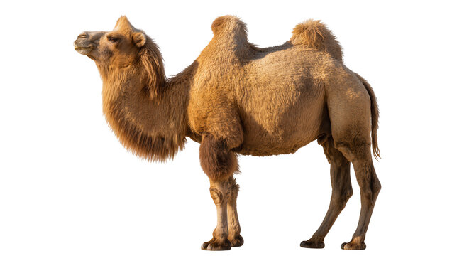 Dromedary camel with one hump tan fur, standing profile view