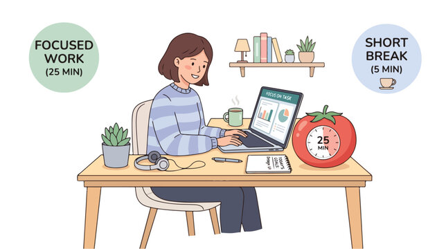 A woman sits at a desk using a laptop with a tomato timer and plants nearby for time blocking in a home office setting