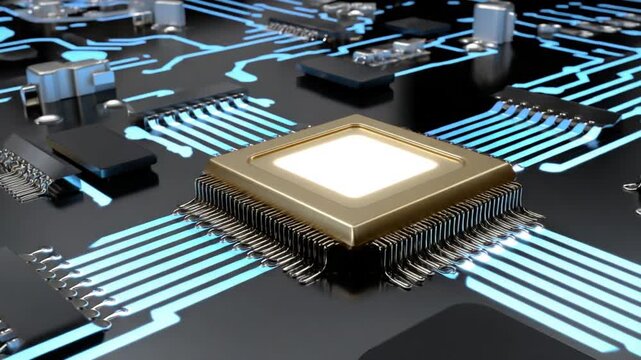 Close-up of a computer microchip with electronic circuits and glowing pathways on a motherboard