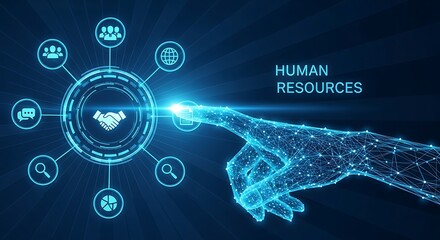Fototapeta premium Digital human resources management concept with holographic icons and glowing hand interface on dark background, resources