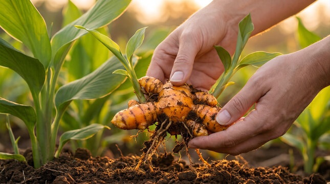 Fresh Turmeric Harvest in Hands of Farmer Growing Curcuma Root Crop in Agricultural Field