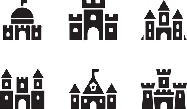 Medieval stone fortresses set displaying various kingdom castle structures with high turrets towers flags and defensive walls.