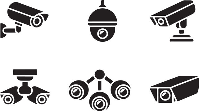 Group of security camera icons including dome, bullet, and PTZ types for surveillance and monitoring systems.