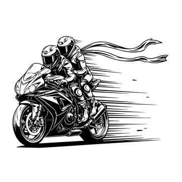 Two motorcyclists wearing helmets ride quickly on a motorcycle.